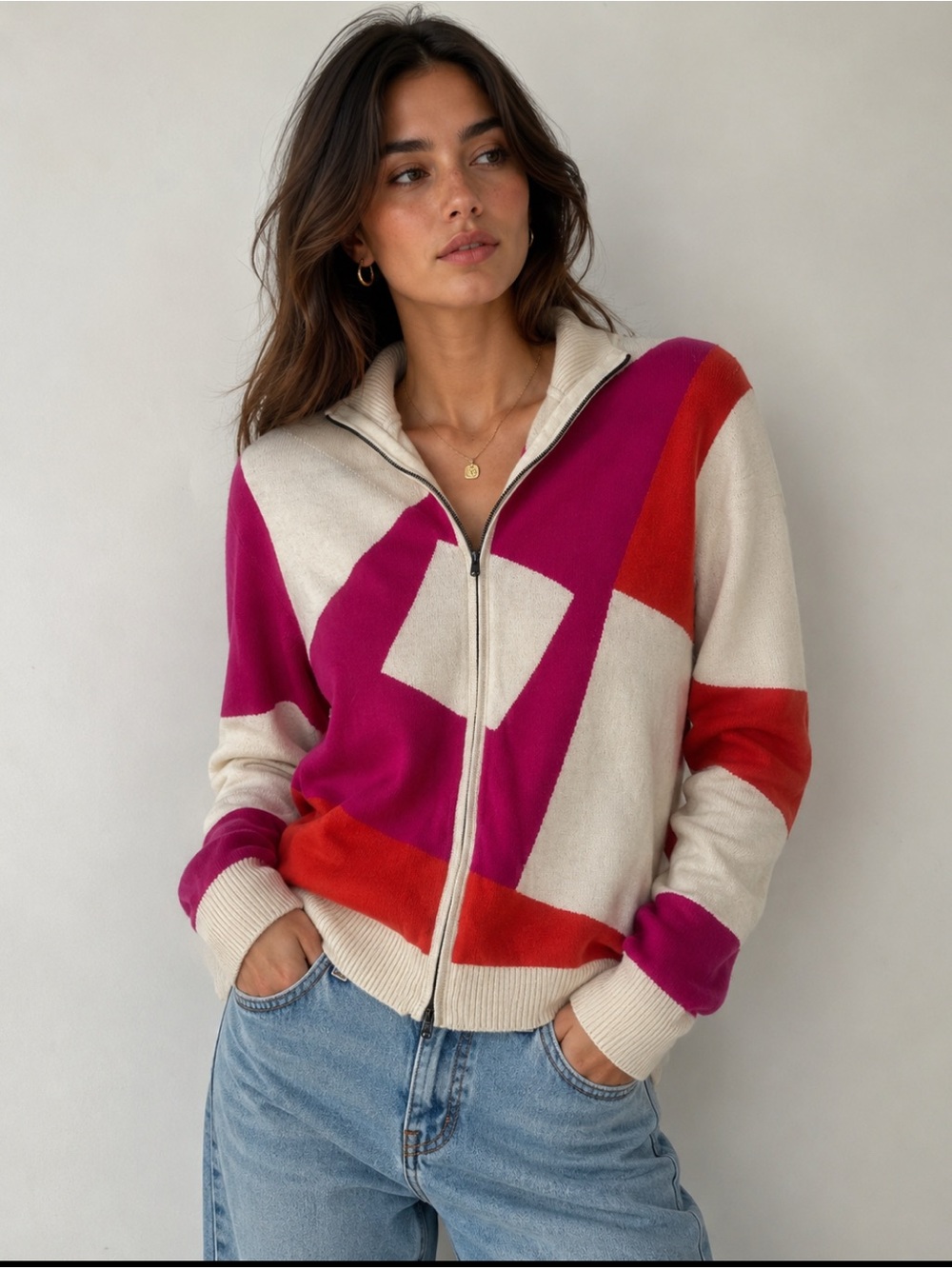 St. John By Marie Gray Women's Geometric Mock Neck Full-Zip Sweater resort wear